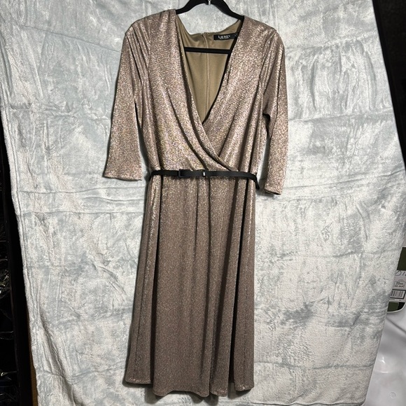 Lauren Ralph Lauren dress women’s Metallic Bronze Catrell Dress size 14 belt - Picture 1 of 8